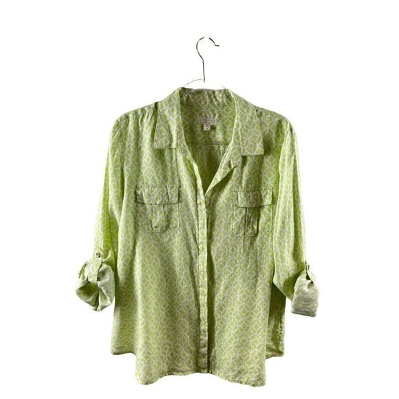 Charter Club Luxury Linen Lime Green Medallion Tile Print Button Up Blouse XL - Picture 1 of 8
